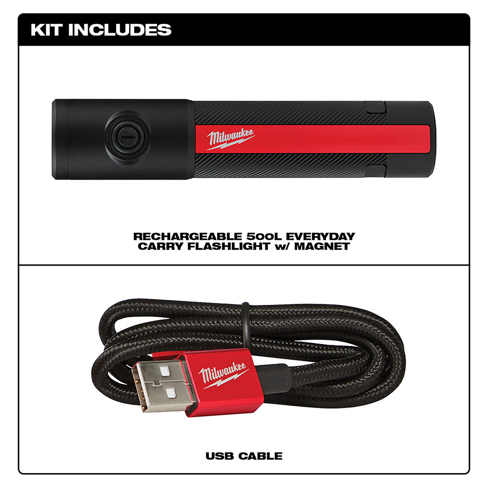 Black and red rechargeable flashlight with red Milwaukee branding and black braided USB charging cable.