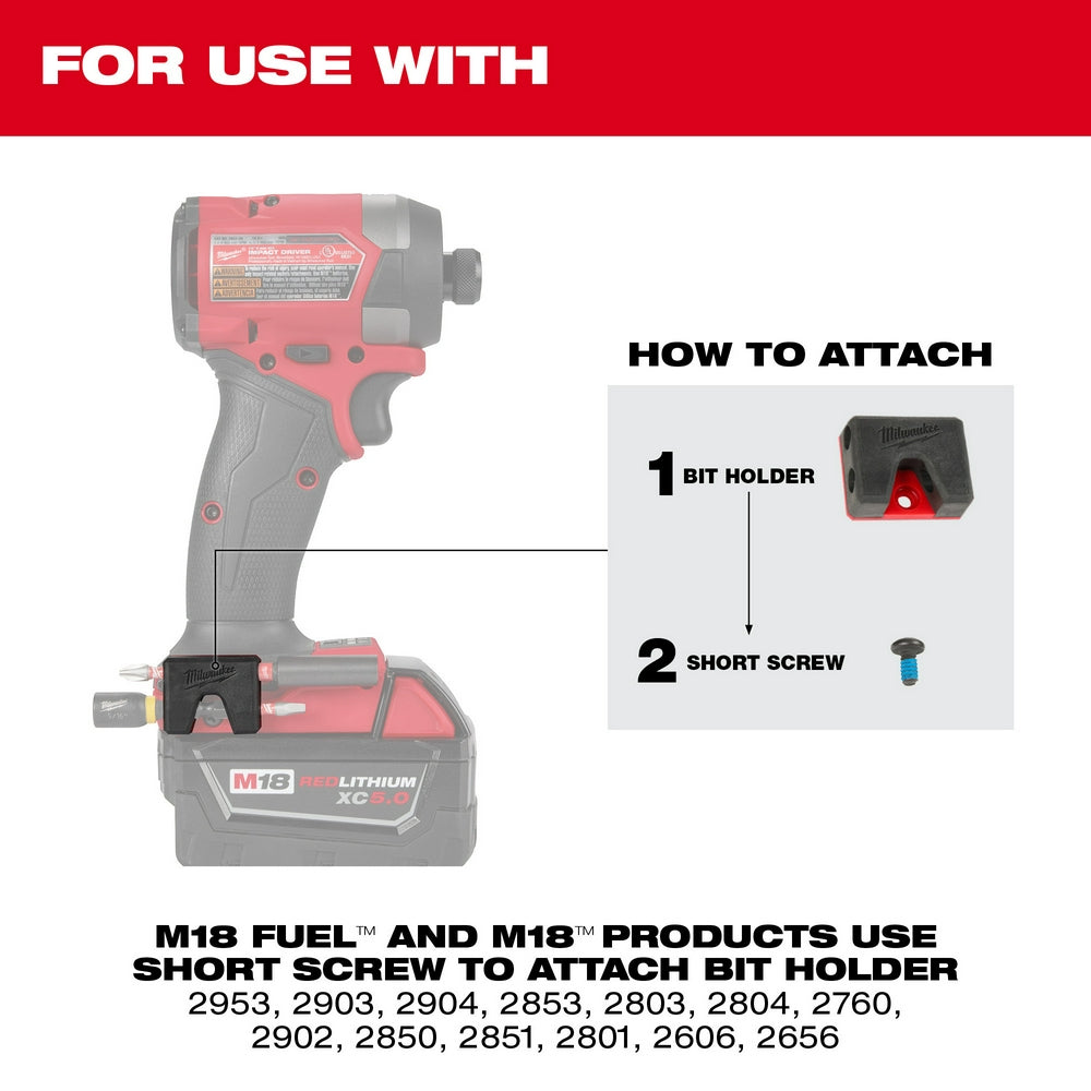 Black Milwaukee bit holder accessory with red accent attachment point for M18 and M12 power tools.