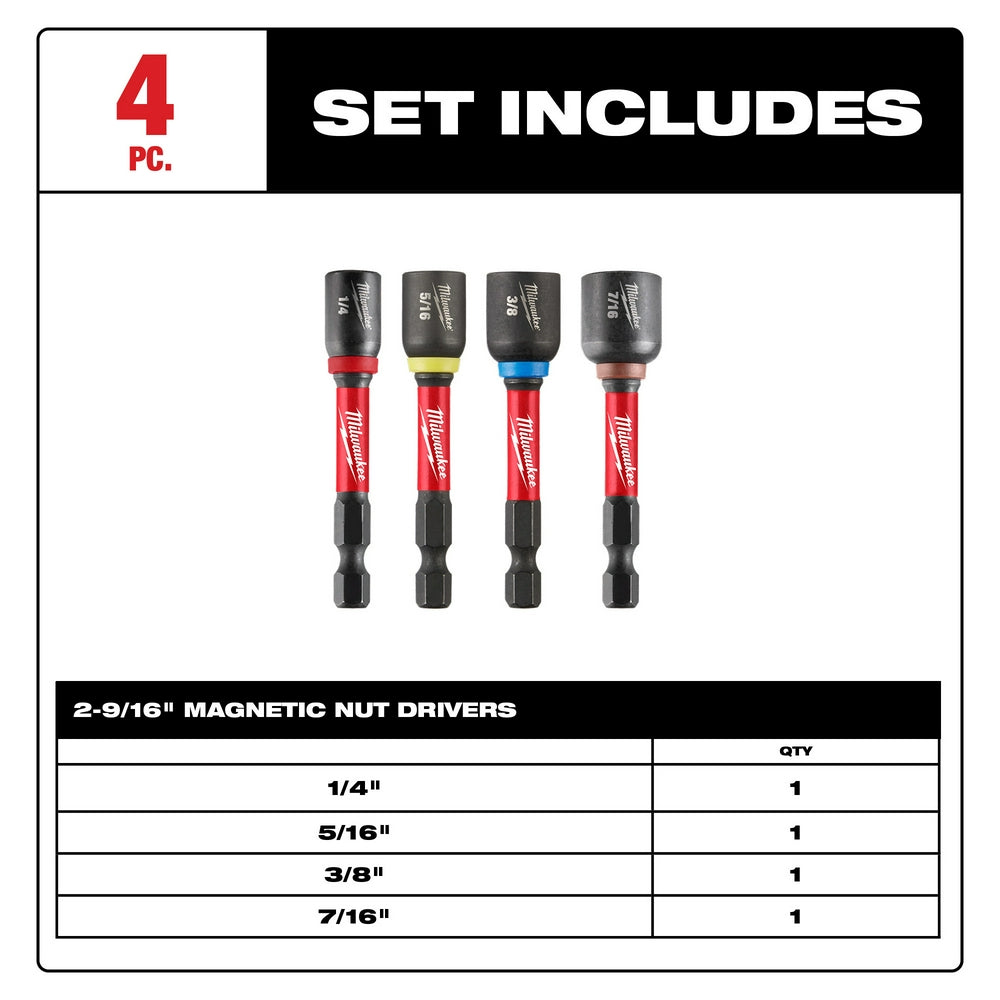 Four magnetic nut drivers with red handles and color-coded sockets in 1/4", 5/16", 3/8", and 7/16" sizes.