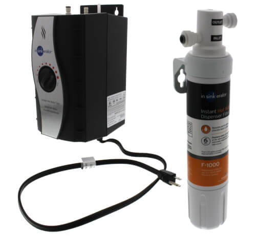 Black instant hot water tank with attached power cord and gray filtration system cartridge displaying F-1000 label.