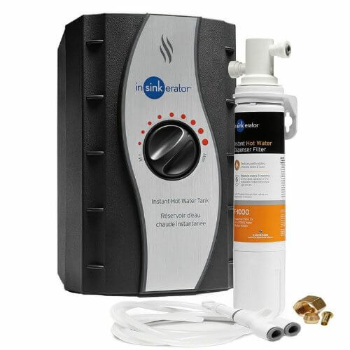 InSinkErator black and silver instant hot water tank with temperature dial, white filtration system cartridge, tubing, and br