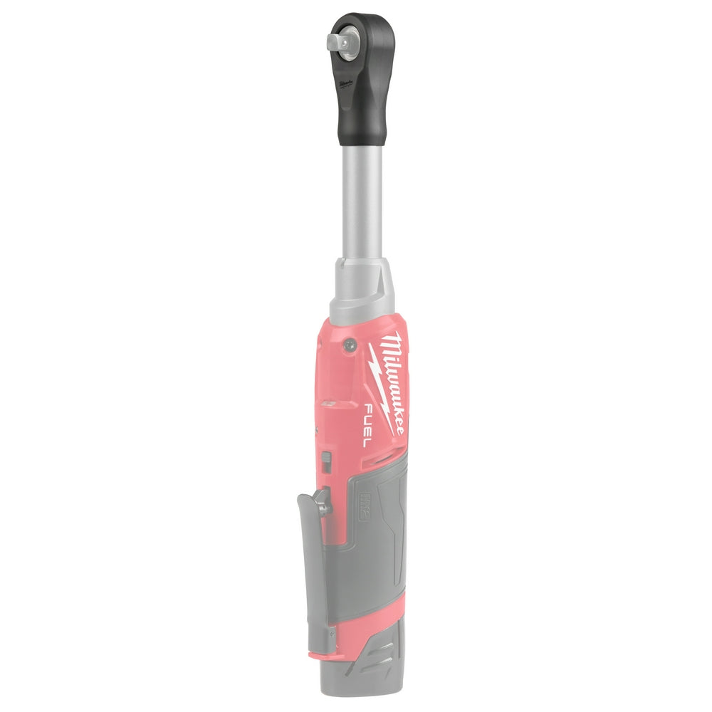 Black protective boot covering the head of a red and gray Milwaukee M12 FUEL cordless ratchet with extended reach shaft.