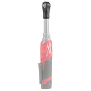 Black protective boot covering the head of a red and gray Milwaukee M12 FUEL cordless ratchet with extended reach shaft.