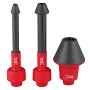 Three black and red conduit pullers with conical tips and size markings on cylindrical shafts.