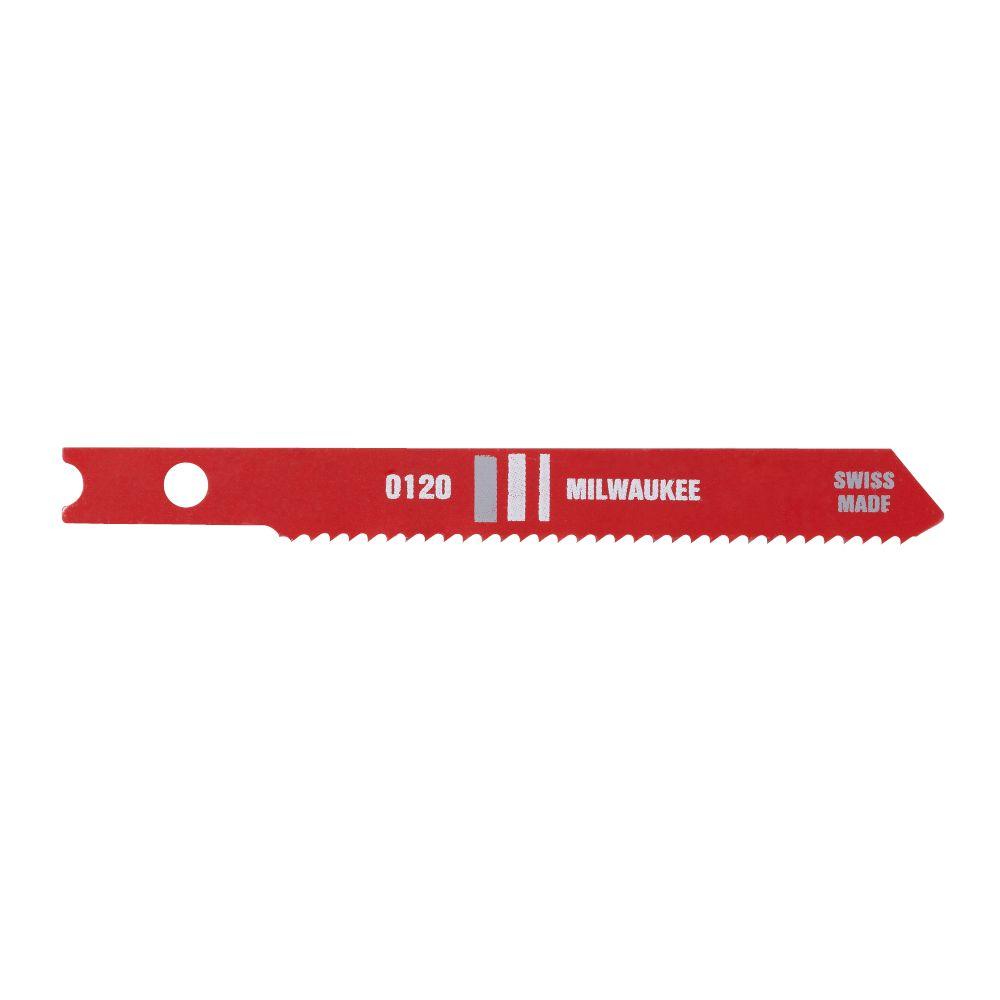 Red Milwaukee jig saw blade with fine teeth, model number 0120, marked Swiss Made.
