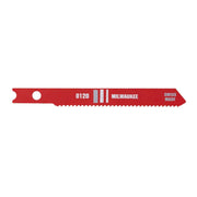 Red Milwaukee jig saw blade with fine teeth, model number 0120, marked Swiss Made.