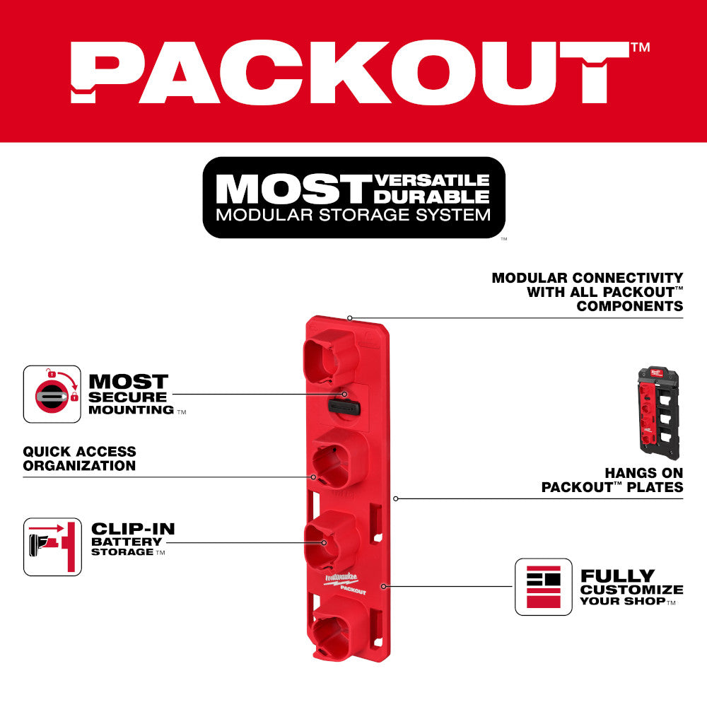 Red plastic Milwaukee PACKOUT M12 battery rack with multiple circular clip-in storage slots and mounting features.