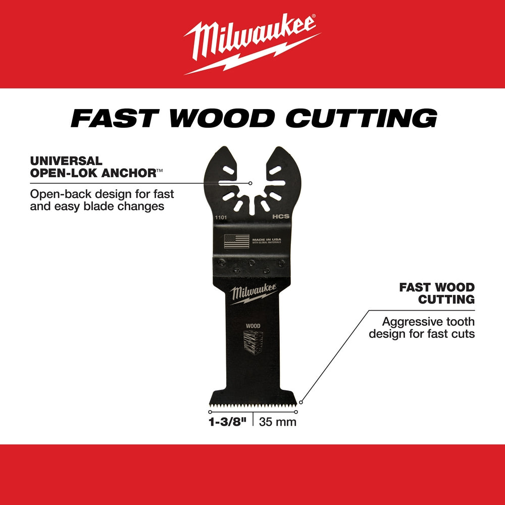 Milwaukee OPEN-LOK 1-3/8" HCS wood cutting blade with open-back design and aggressive tooth pattern.