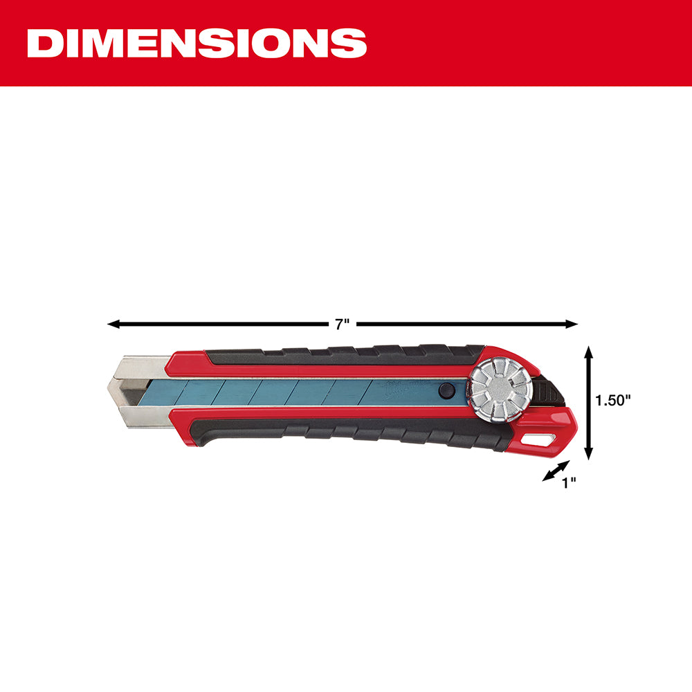 Red and black snap-off knife with metal lock mechanism and extended blade, 7 inches long by 1.50 inches tall.