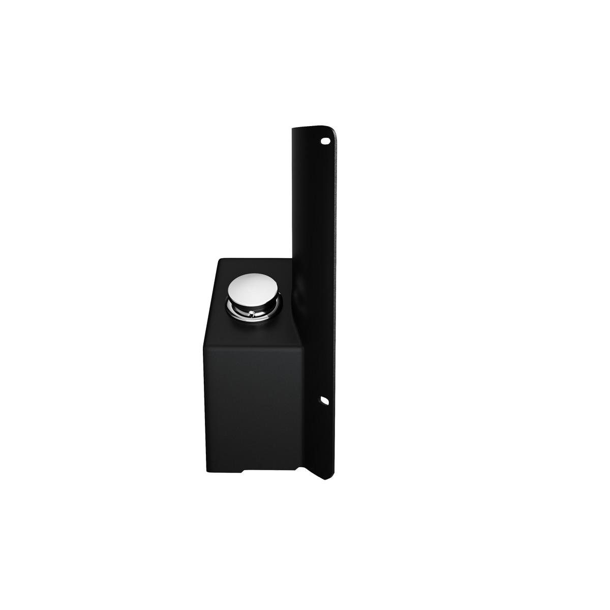 Black foot pedal accessory with round metal button and vertical mounting bracket for outdoor bottle filler.