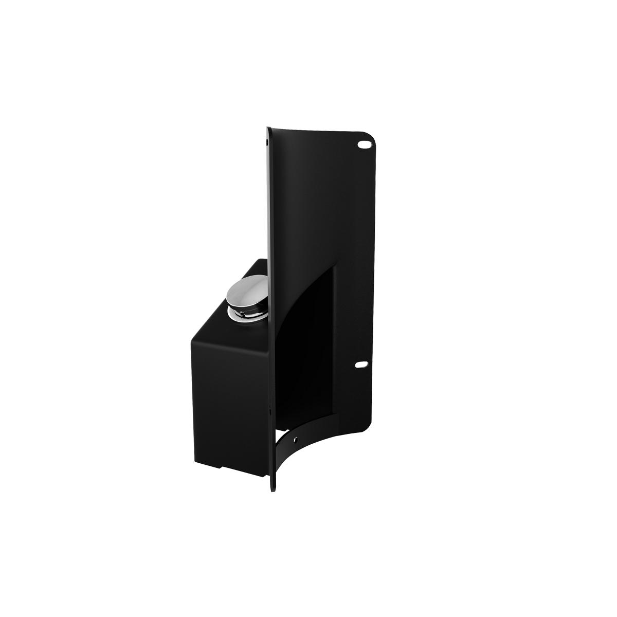 Black metal foot pedal accessory with cylindrical valve mechanism for outdoor bottle filler installation.