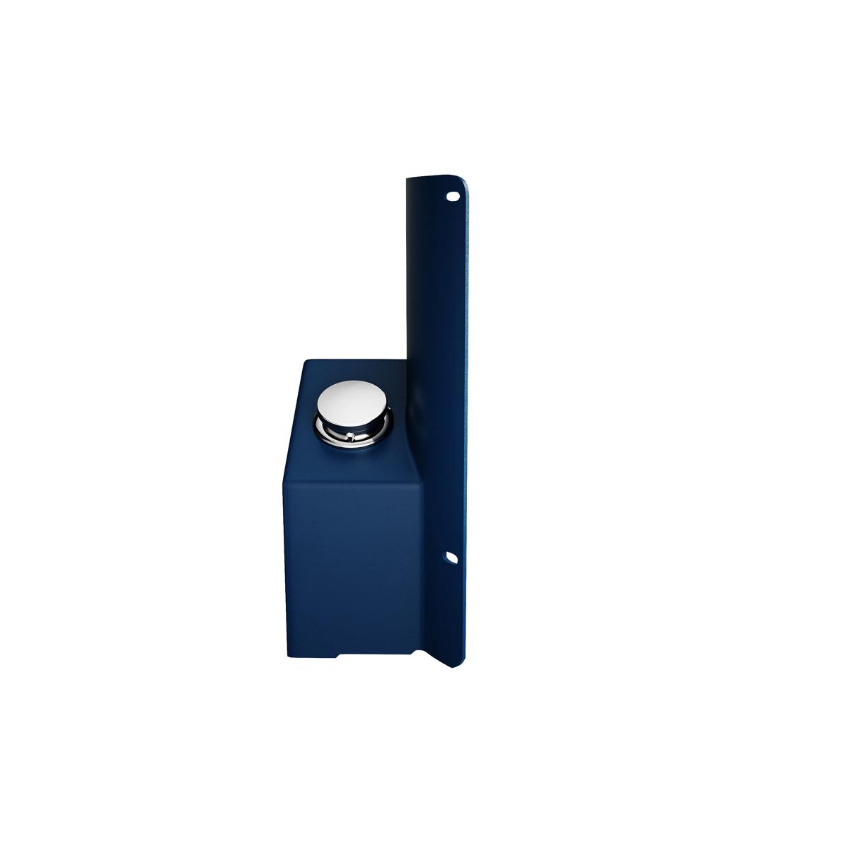Blue foot pedal accessory with chrome button and vertical mounting post for outdoor bottle filler.