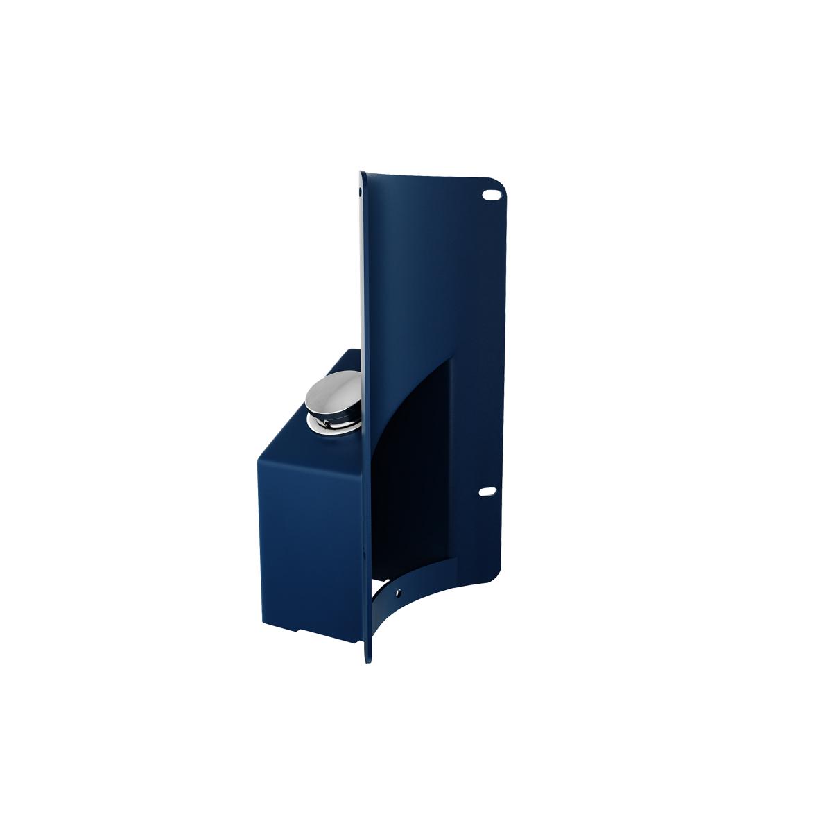 Blue foot pedal accessory with metal valve mechanism for outdoor bottle filler installation.
