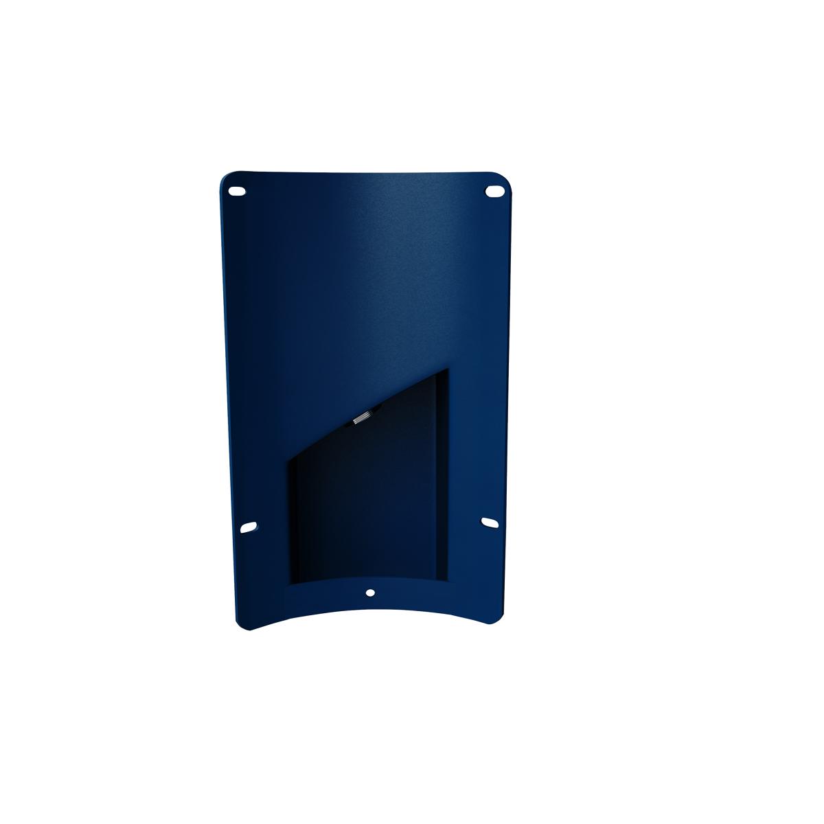 Blue metal foot pedal accessory with rectangular opening and mounting holes for outdoor bottle filler.