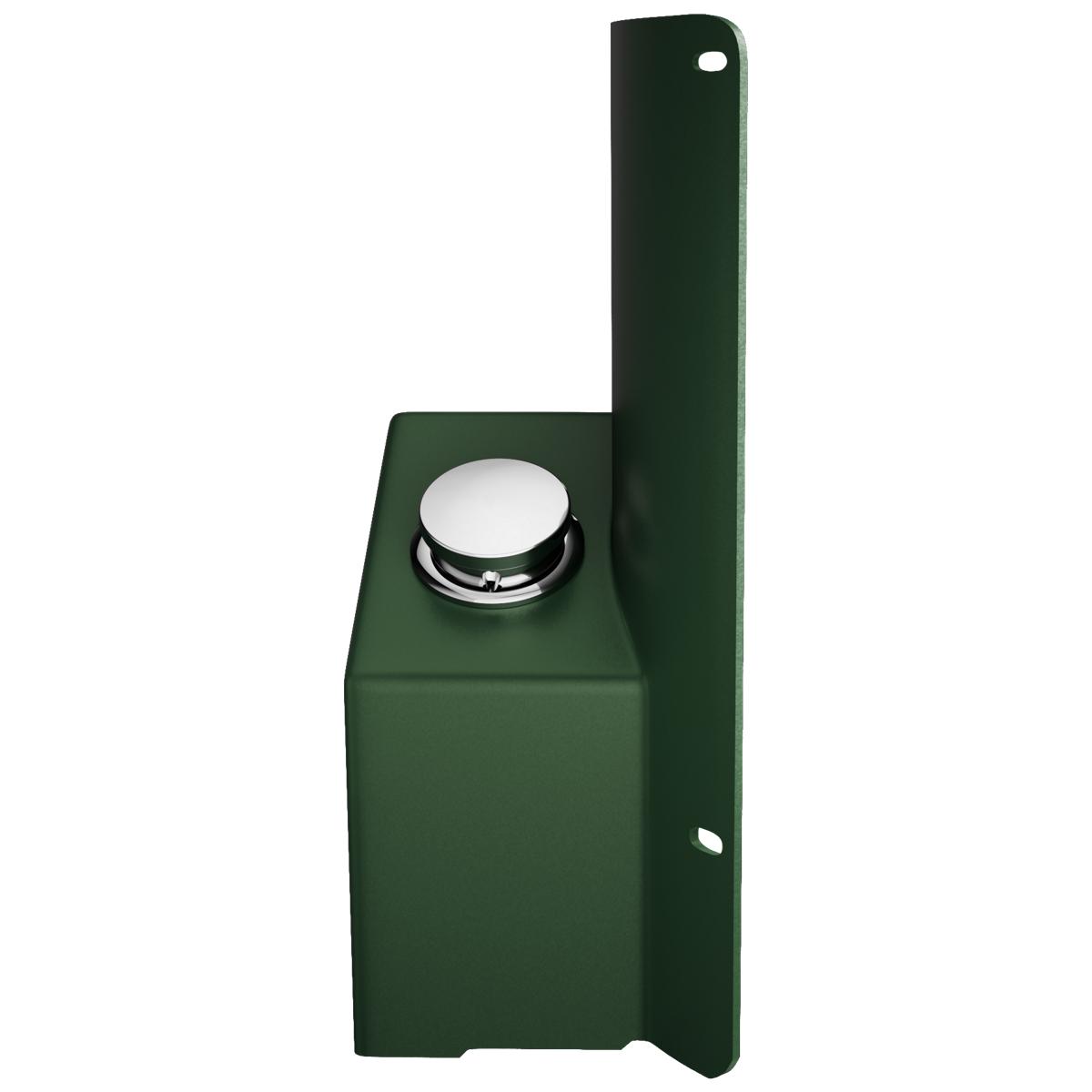Evergreen foot pedal accessory for outdoor bottle filler with white circular button and mounting holes.