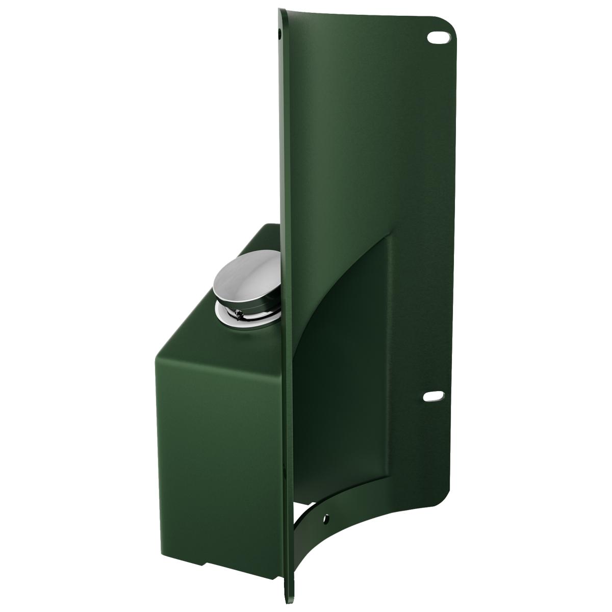 Evergreen foot pedal accessory with chrome button for outdoor bottle filler, side view.