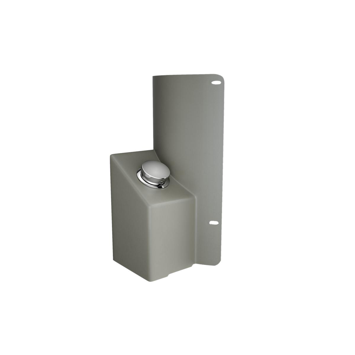 Gray foot pedal accessory with chrome button for outdoor bottle filler installation.