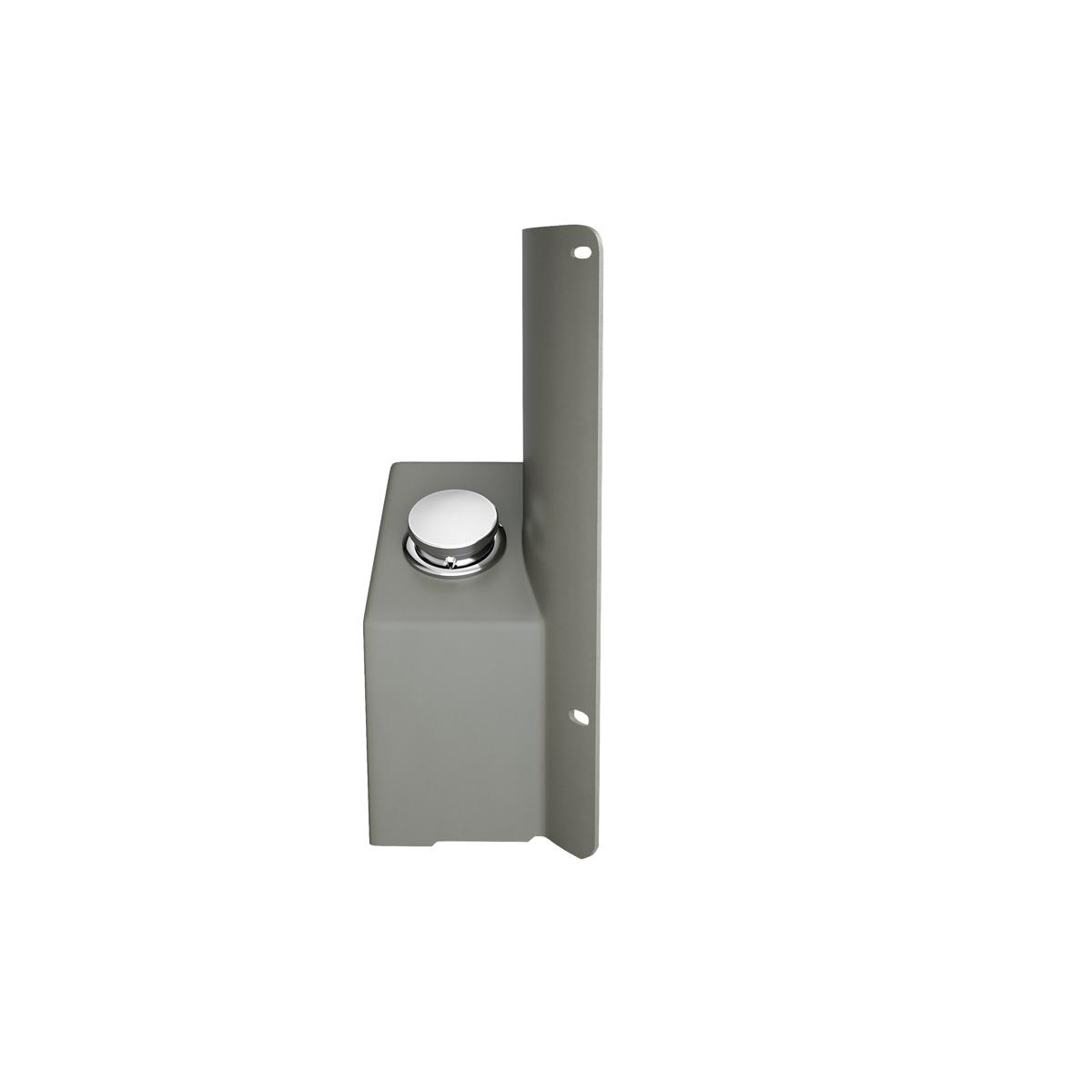 Gray metal foot pedal accessory with circular button and vertical mounting bracket for outdoor bottle filler.
