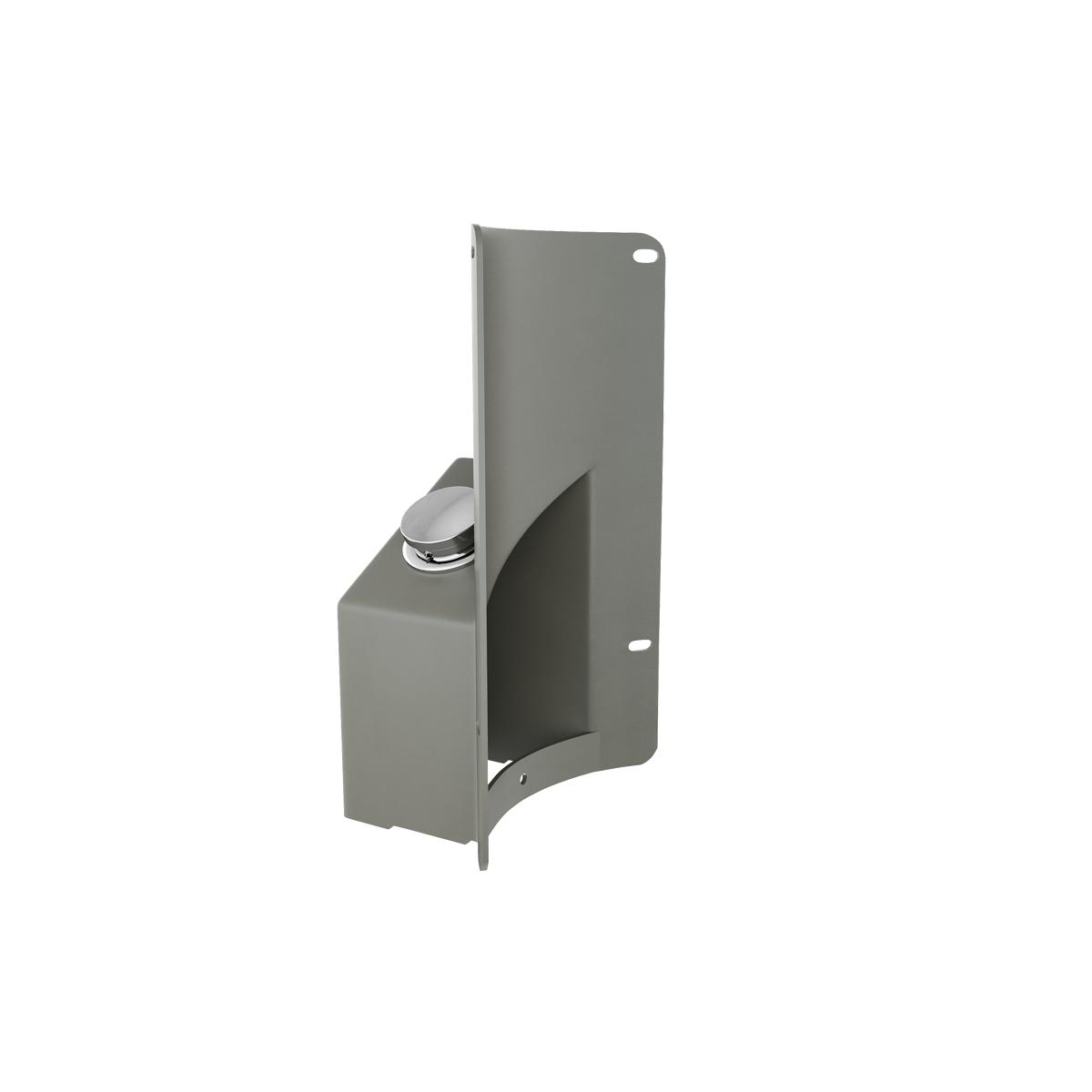 Gray metal foot pedal accessory with chrome button mechanism for outdoor bottle filler installation.