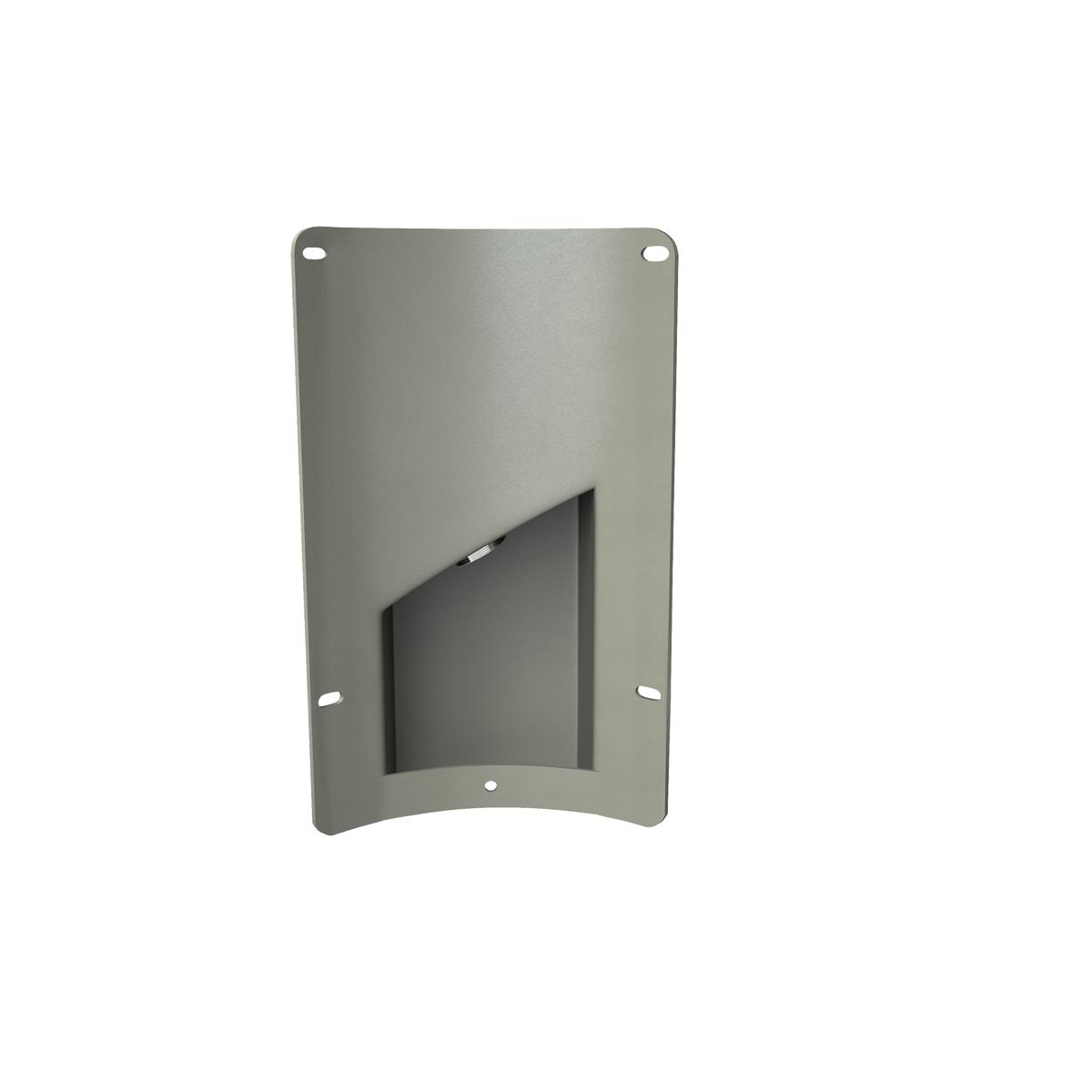 Gray metal foot pedal accessory plate with rectangular opening and mounting holes.