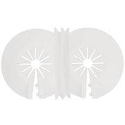 White plastic universal wall-covering plate with dual circular openings and radial slot patterns for pipe penetrations.