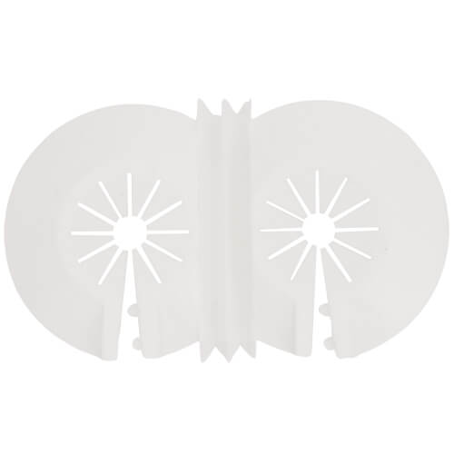 White plastic universal wall-covering plate with dual circular openings and radial slot patterns for pipe penetrations.