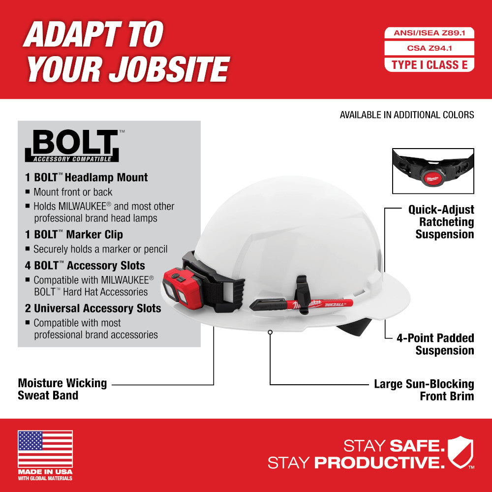 Green full brim hard hat with 4-point ratcheting suspension and moisture-wicking sweat band.