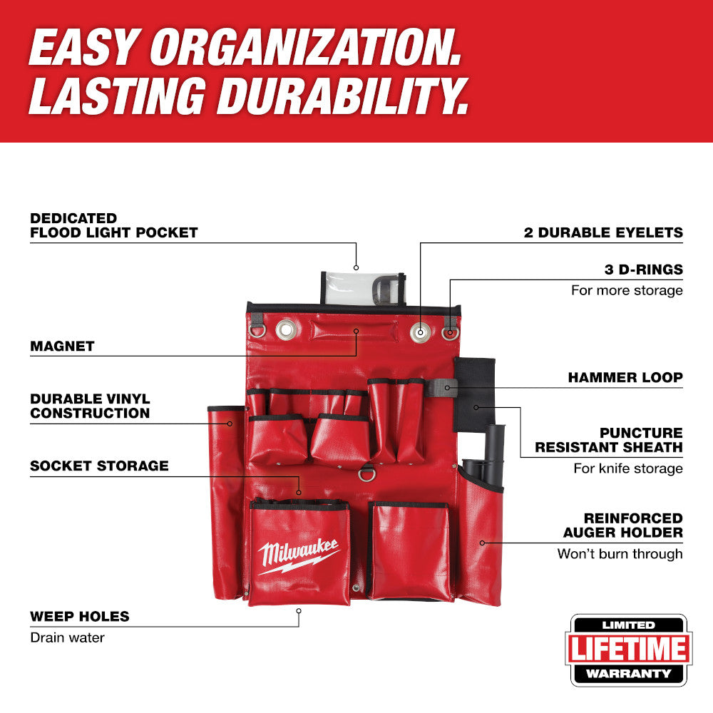 Red Milwaukee lineman's tool apron with multiple pockets, d-rings, hammer loop, and durable vinyl construction for storing ha