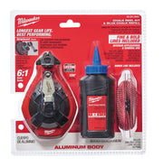 Milwaukee red and black chalk reel kit with blue chalk bottle and red bonus line cartridge on packaging.