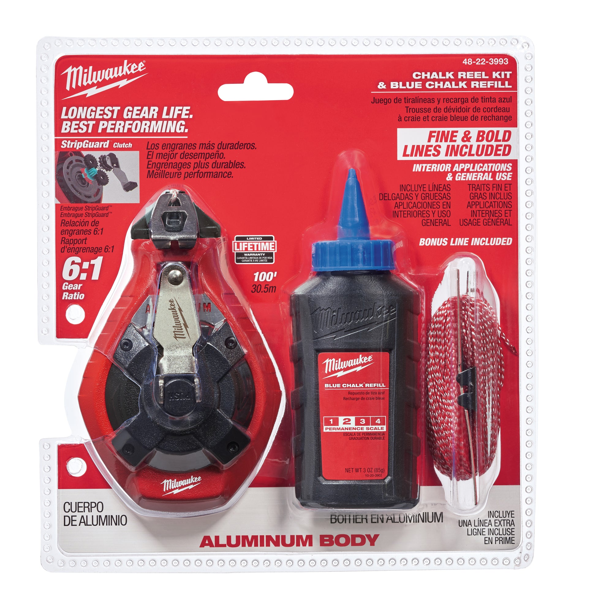 Milwaukee red and black chalk reel kit with blue chalk bottle and red bonus line cartridge on packaging.
