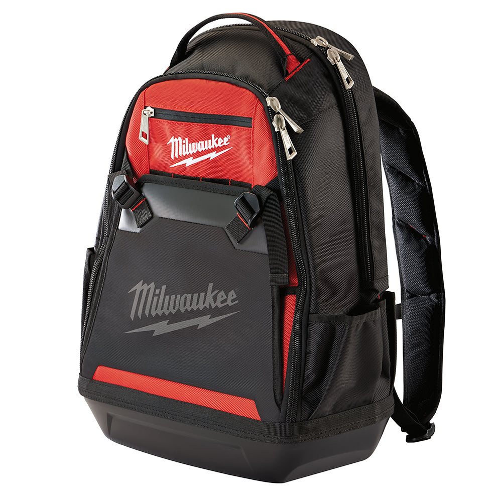 Black and red Milwaukee jobsite backpack with multiple zippered compartments and padded shoulder straps.