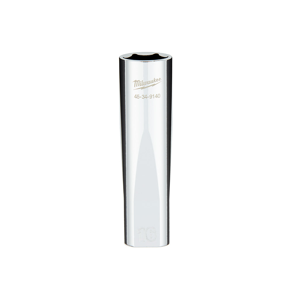 Milwaukee 1/2 in. drive 16MM metric 6-point deep socket with four flat sides and model number 45-34-9140 printed on chrome fi