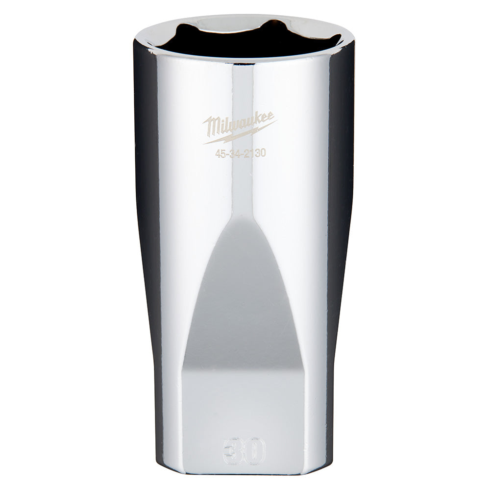 Chrome 1/2" drive deep socket with 30mm opening and Milwaukee branding.