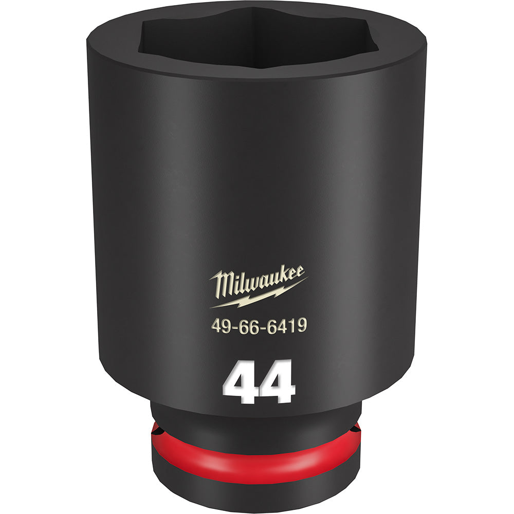 Black cylindrical deep socket with hexagonal opening, marked "44" and Milwaukee branding with red grip band at base.