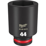 Black cylindrical deep socket with hexagonal opening, marked "44" and Milwaukee branding with red grip band at base.