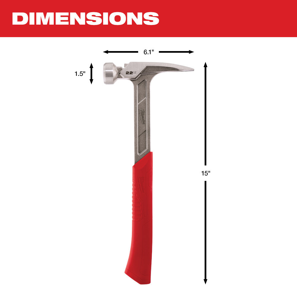 22 oz framing hammer with smooth metal head, curved claw, and red grip handle measuring 15 inches long.