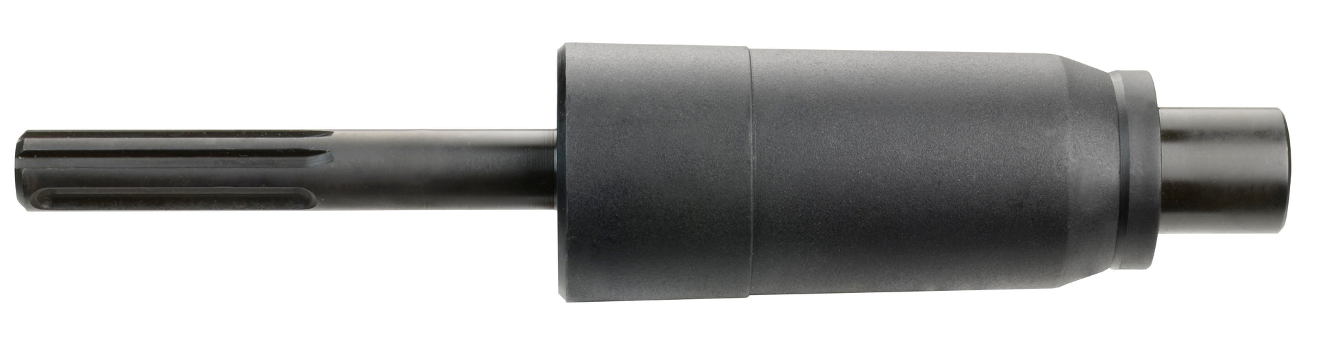 Black metal adapter with slotted shaft on left end and spline connection port on right end.