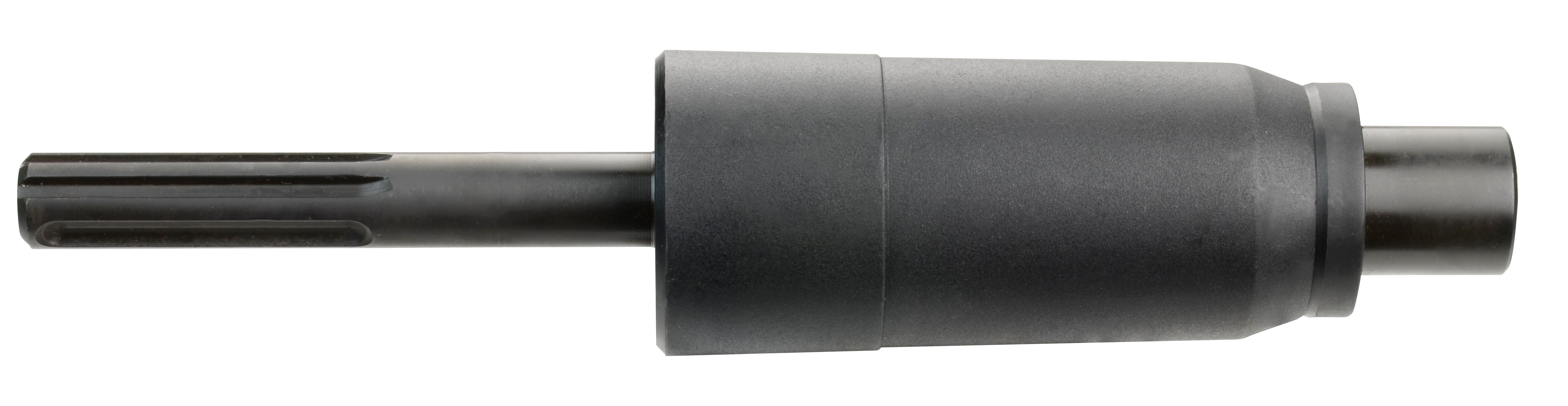 Black metal adapter with slotted shaft on left end and spline connection port on right end.