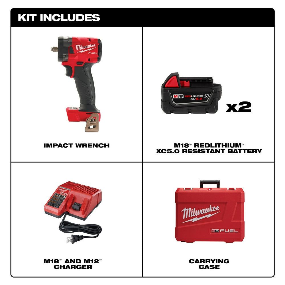 Milwaukee M18 FUEL 3/8" impact wrench with friction ring, two batteries, charger, and red carrying case.