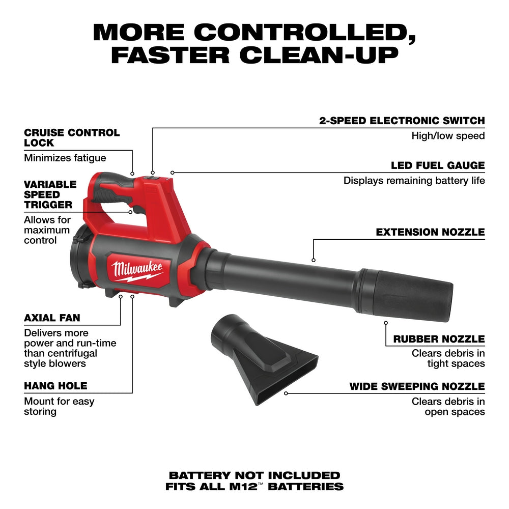 Milwaukee M12 compact spot blower in red and black with variable speed trigger, two-speed switch, LED fuel gauge, and three i