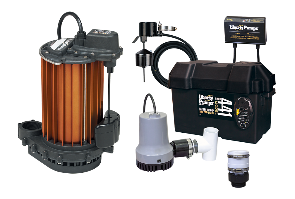 Two sump pumps with orange and gray bodies, control box, battery backup unit, discharge tubing, and check valves displayed to