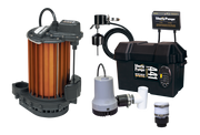 Two sump pumps with orange and gray bodies, control box, battery backup unit, discharge tubing, and check valves displayed to