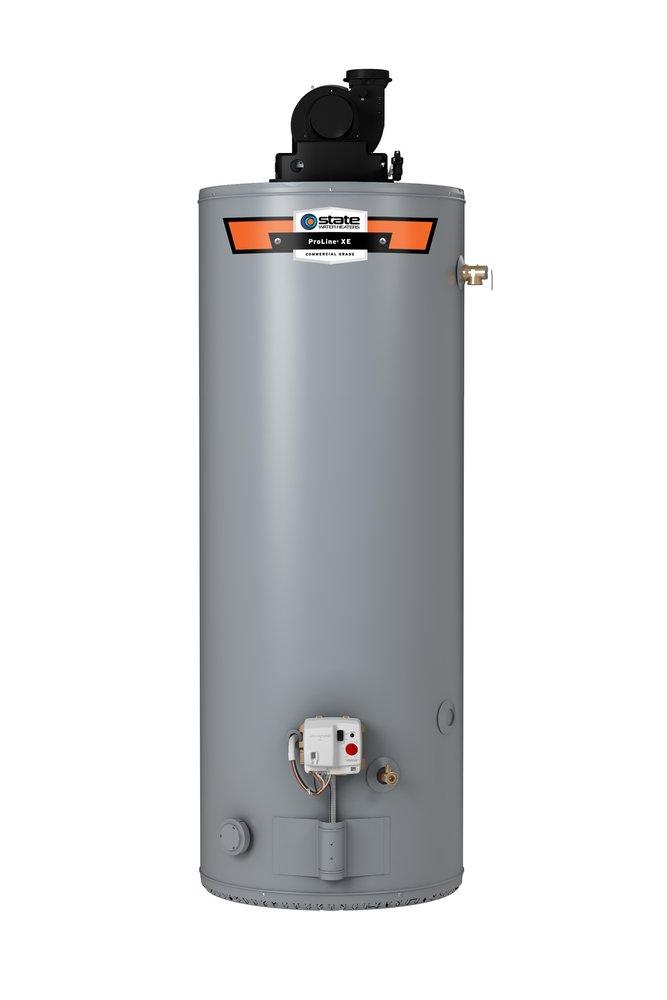 State ProLine XE 50-gallon gray propane water heater with black power vent motor on top and control panel.