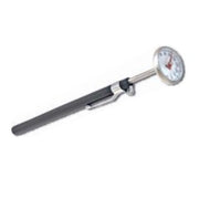 Pocket thermometer with 4-inch stem, dial face showing 0-200 degrees Fahrenheit, and black handle with adjustment clip.