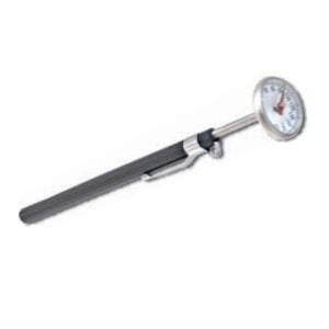 Pocket thermometer with 4-inch stem, dial face showing 0-200 degrees Fahrenheit, and black handle with adjustment clip.