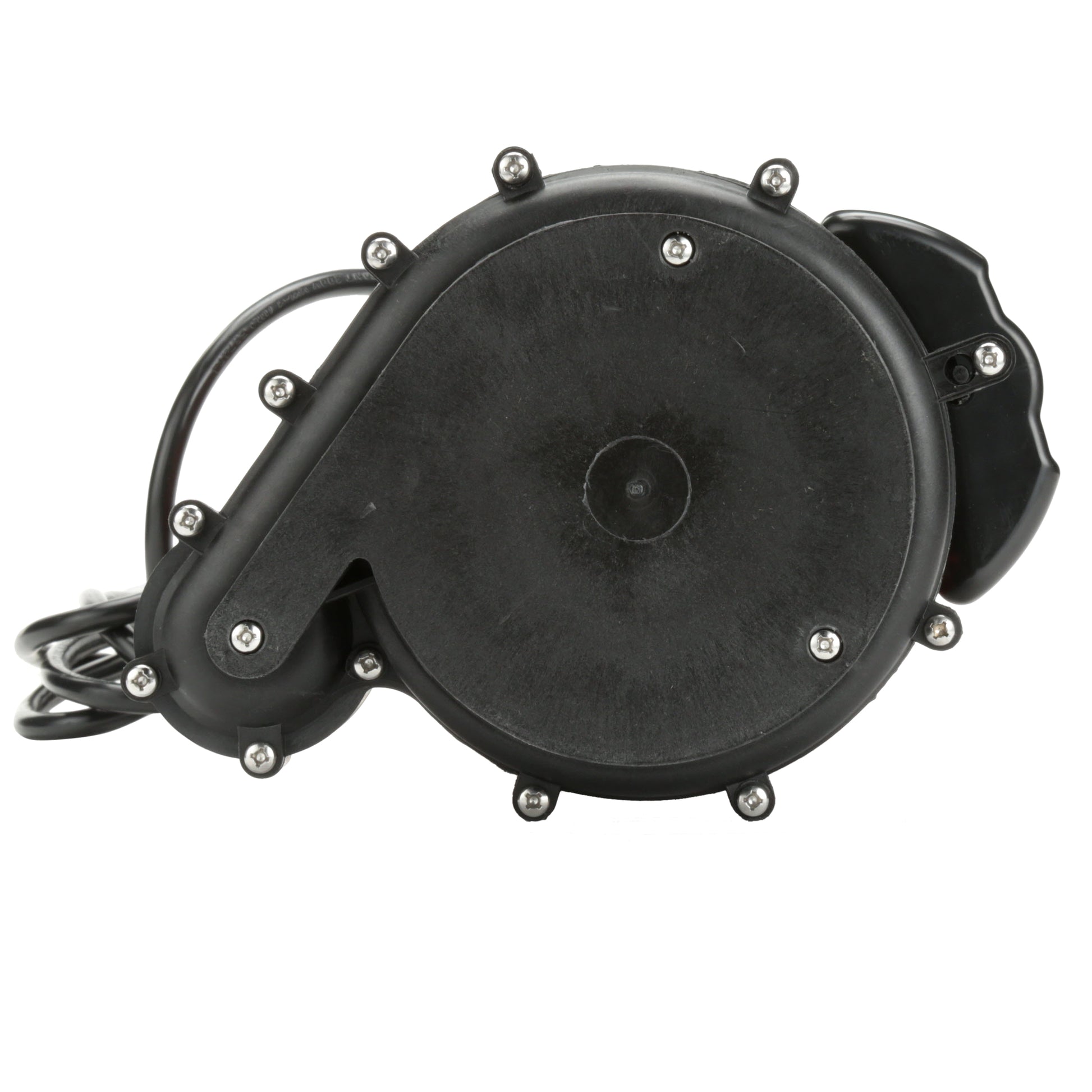Black cylindrical submersible sump pump with mounting bolts and attached power cord.