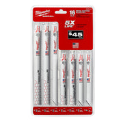 Milwaukee 16-piece Sawzall metal cutting blade set with three long blades and seven shorter blades on red packaging.