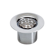 Chrome strainer and ferrule assembly with perforated basket and threaded cylindrical base.