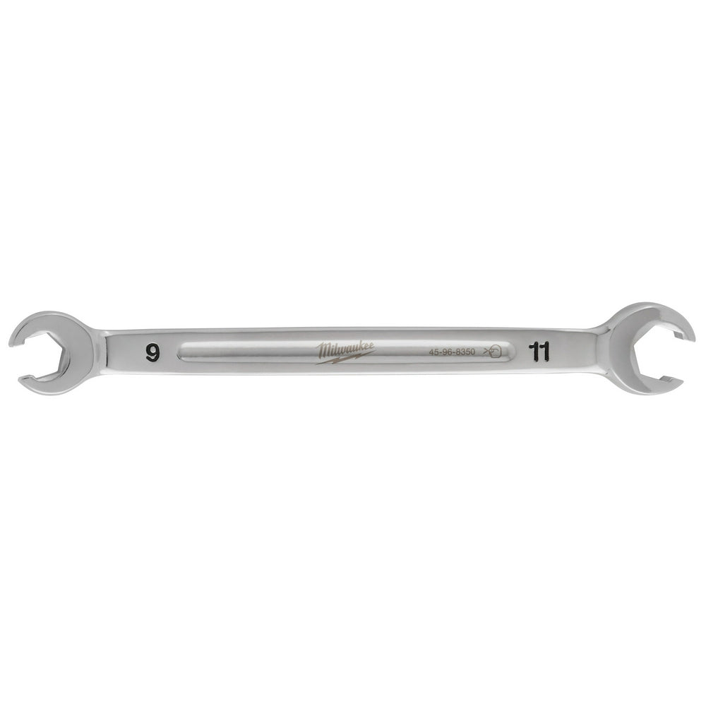 Silver double-end flare nut wrench with 9mm and 11mm openings and Milwaukee branding on shaft.