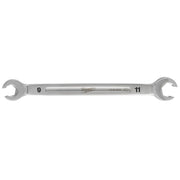 Silver double-end flare nut wrench with 9mm and 11mm openings and Milwaukee branding on shaft.